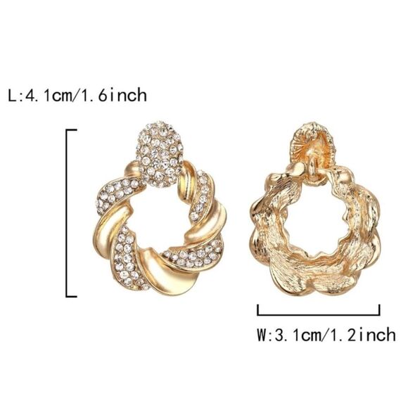 Yellow Gold with White Diamond Crystal Twisted Round Post Statement Earrings - Picture 4 of 5